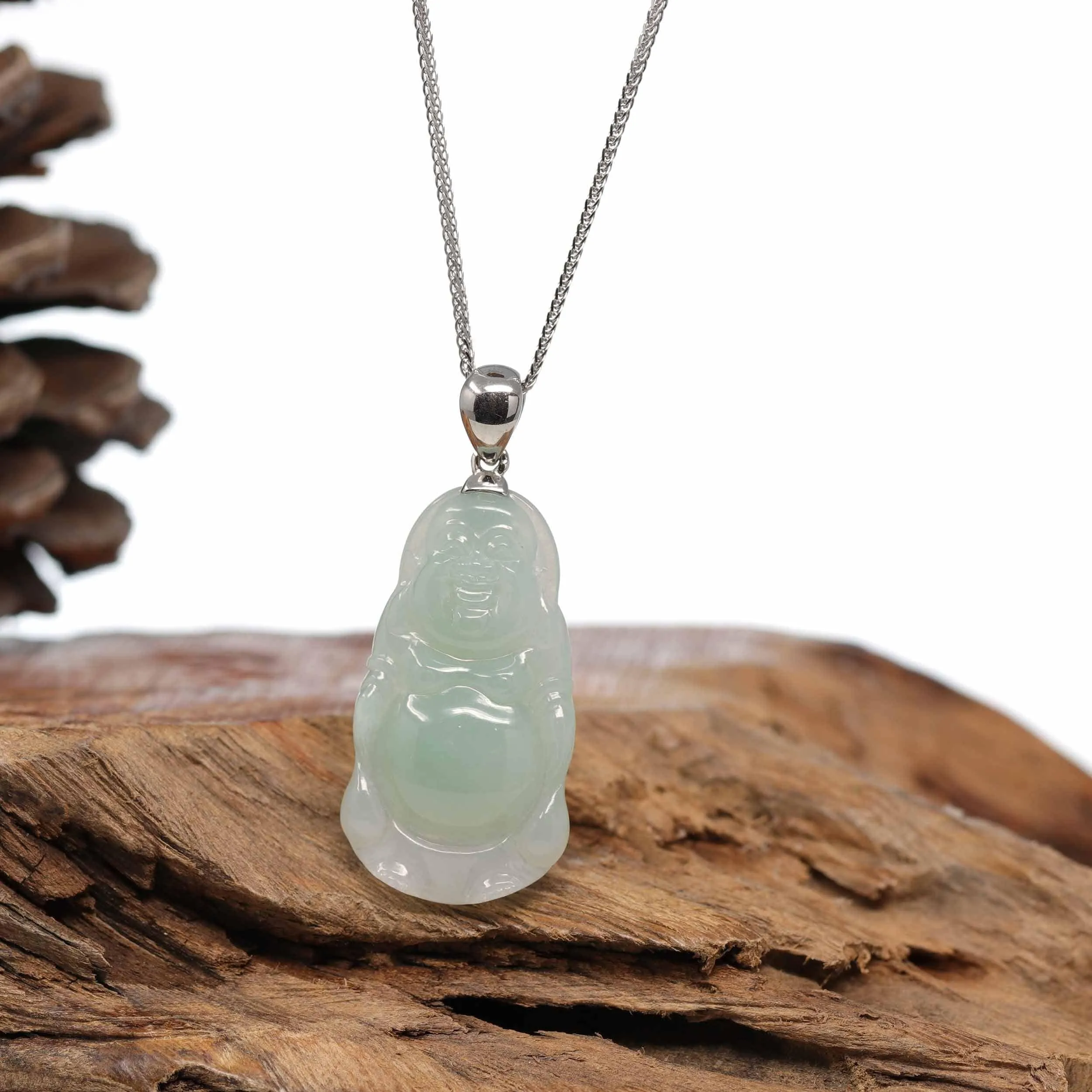 Baikalla™ "Laughing Buddha" Genuine Green Jadeite Jade Buddha Pendant Necklace With Strong Silver  Bail