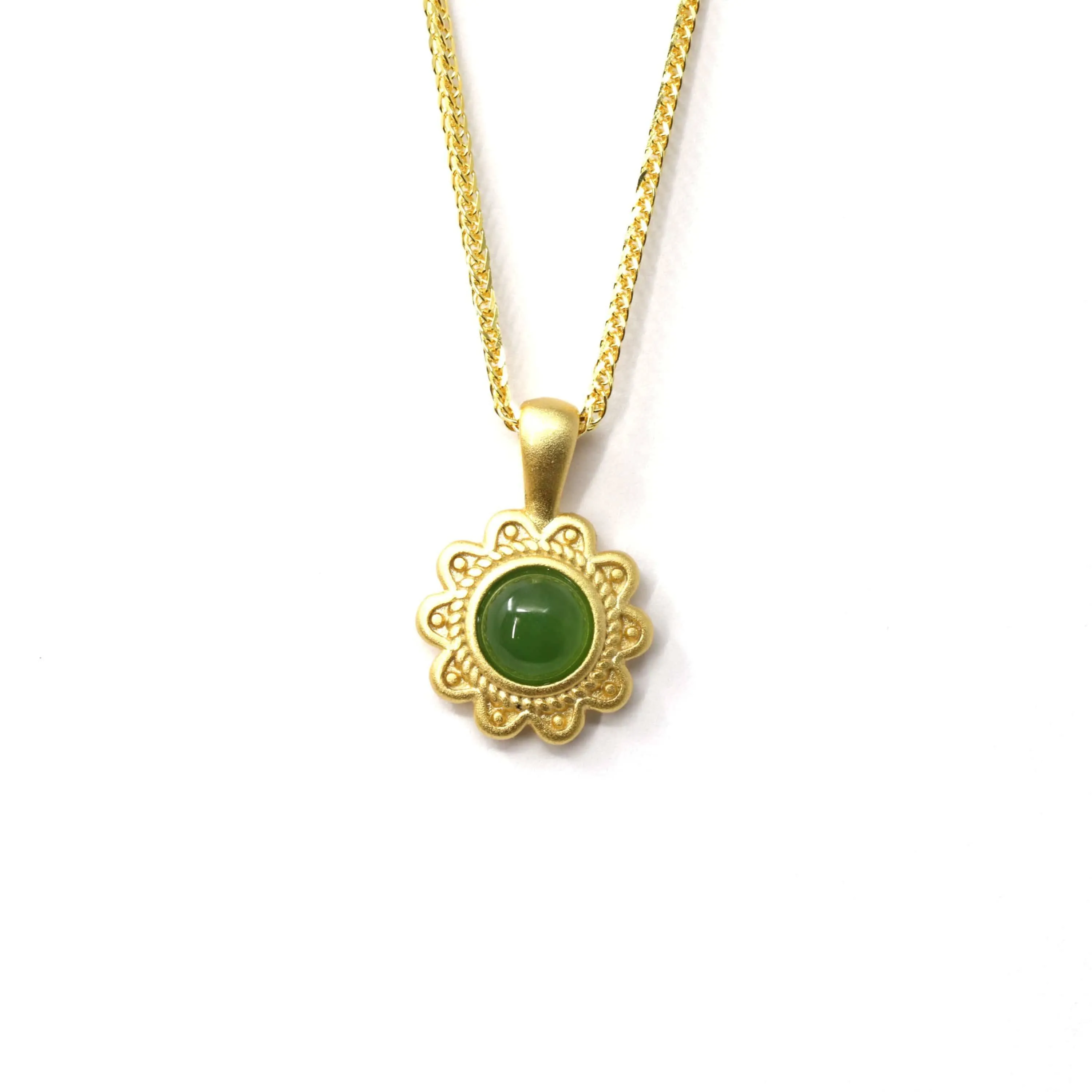 Baikalla™ "Sunflower" Sterling Silver Nephrite Green Jade Classic Sun Flower Pendant Necklace