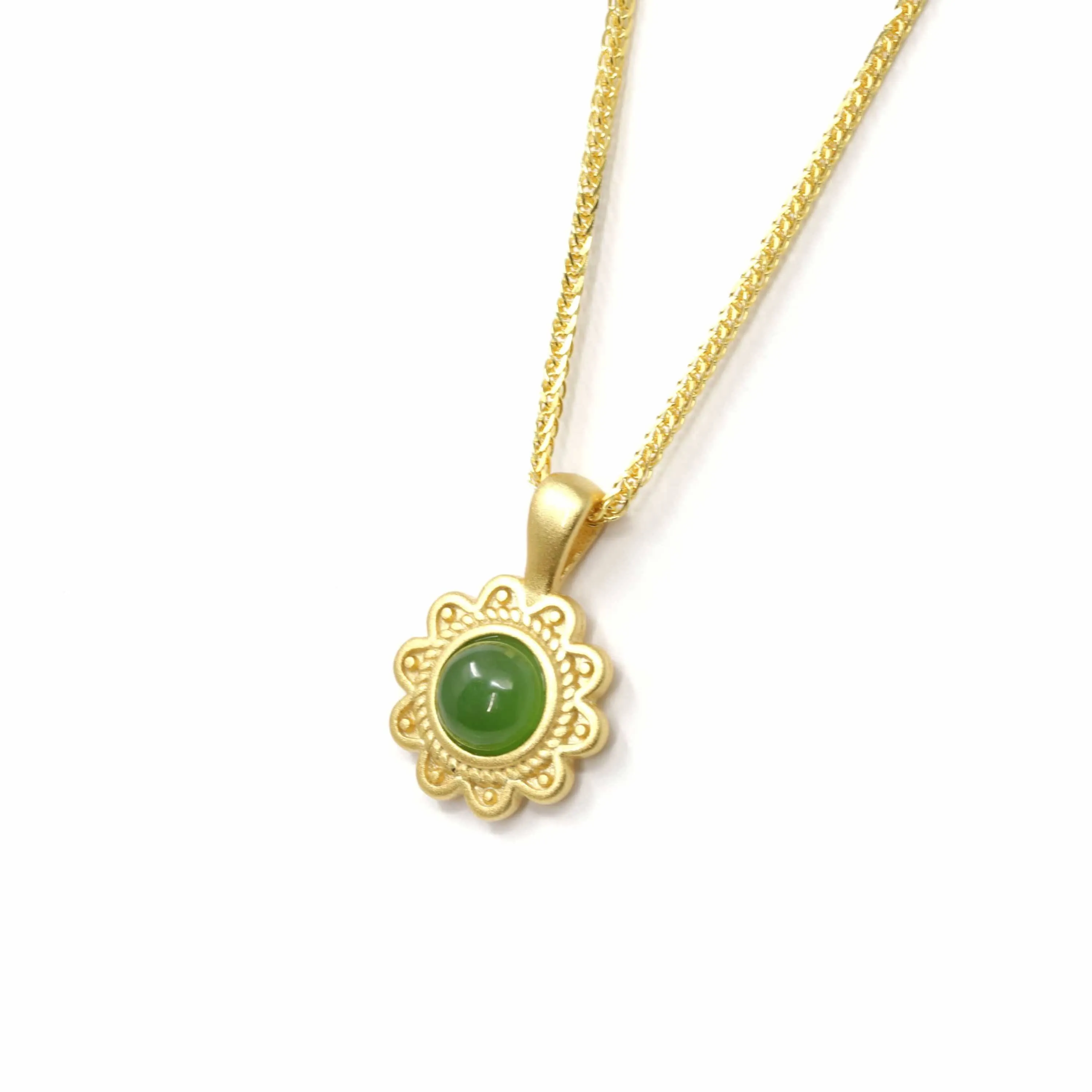 Baikalla™ "Sunflower" Sterling Silver Nephrite Green Jade Classic Sun Flower Pendant Necklace