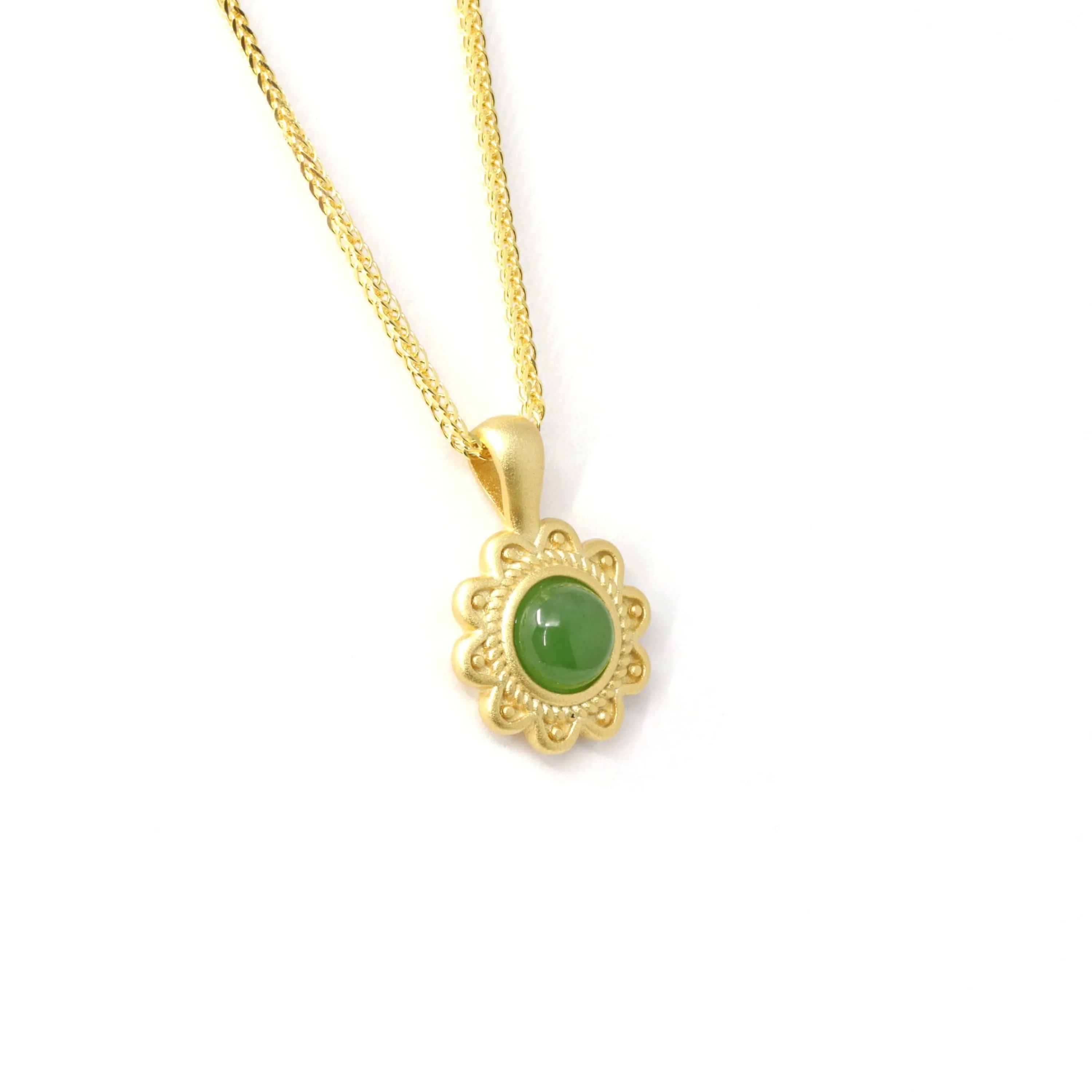 Baikalla™ "Sunflower" Sterling Silver Nephrite Green Jade Classic Sun Flower Pendant Necklace