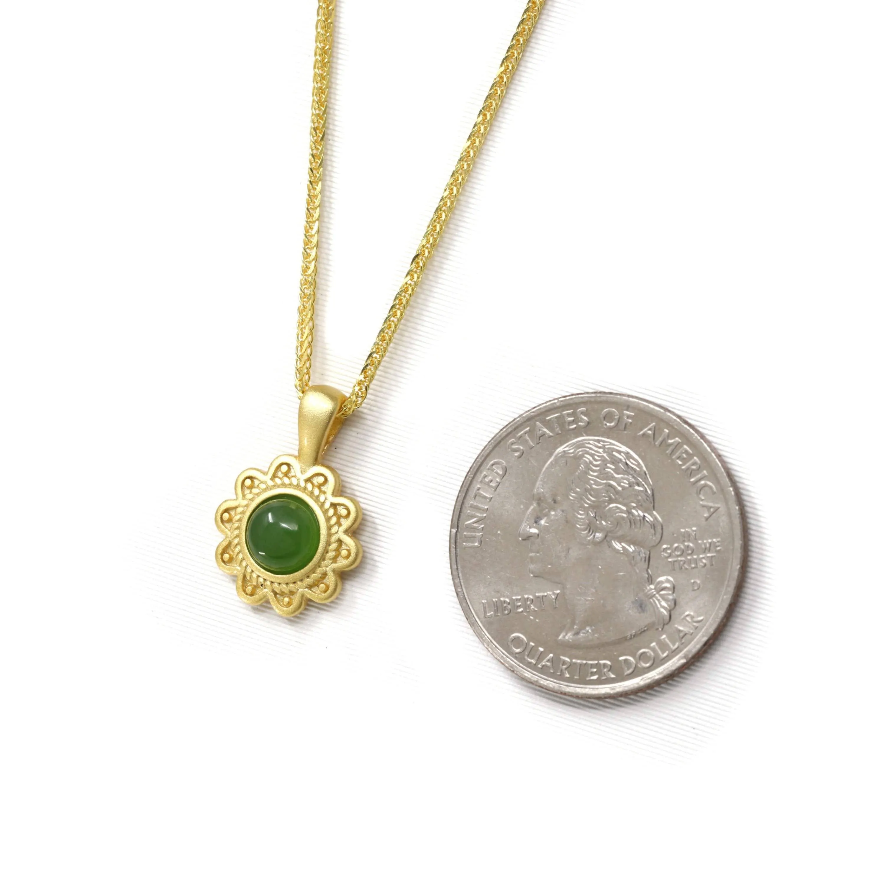 Baikalla™ "Sunflower" Sterling Silver Nephrite Green Jade Classic Sun Flower Pendant Necklace