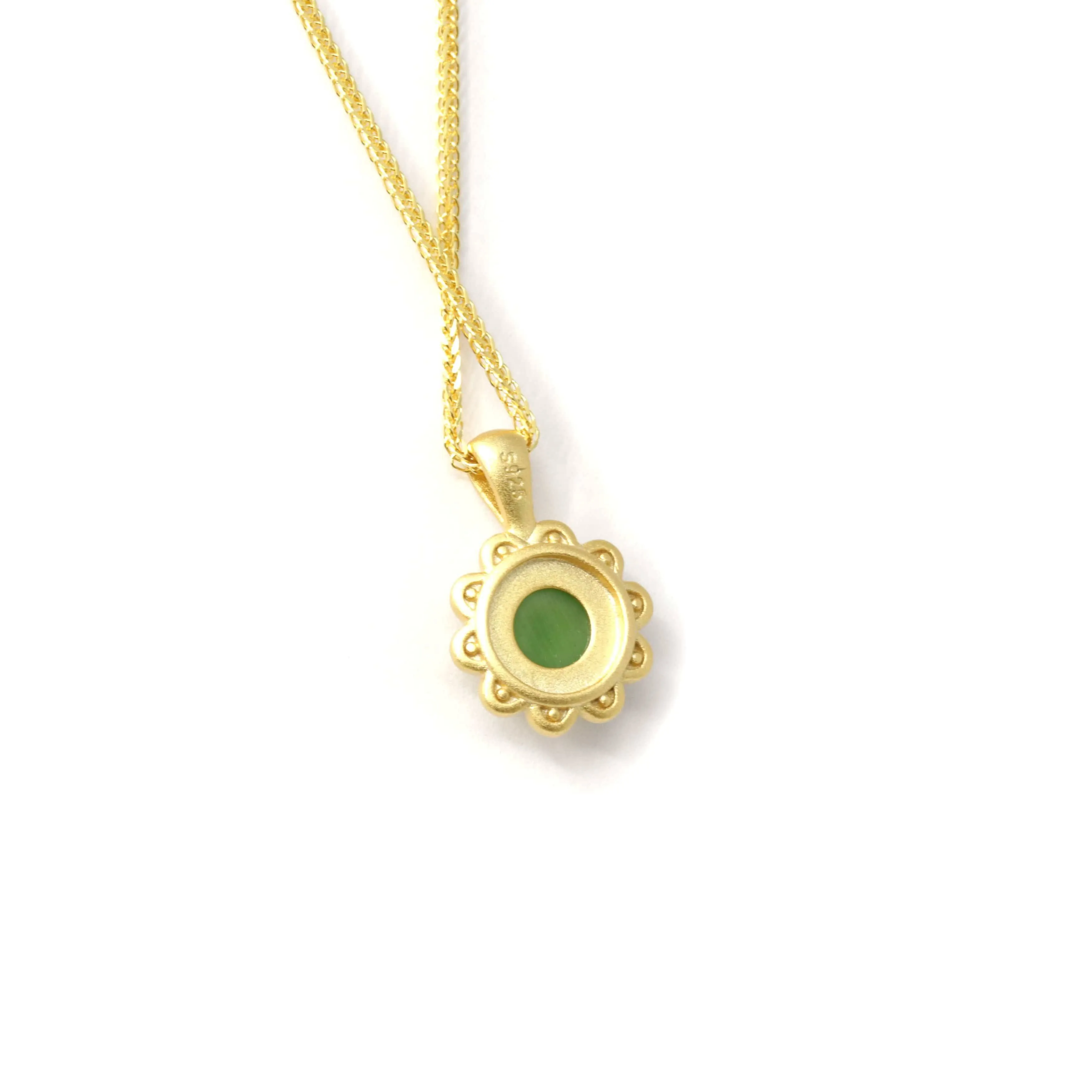 Baikalla™ "Sunflower" Sterling Silver Nephrite Green Jade Classic Sun Flower Pendant Necklace