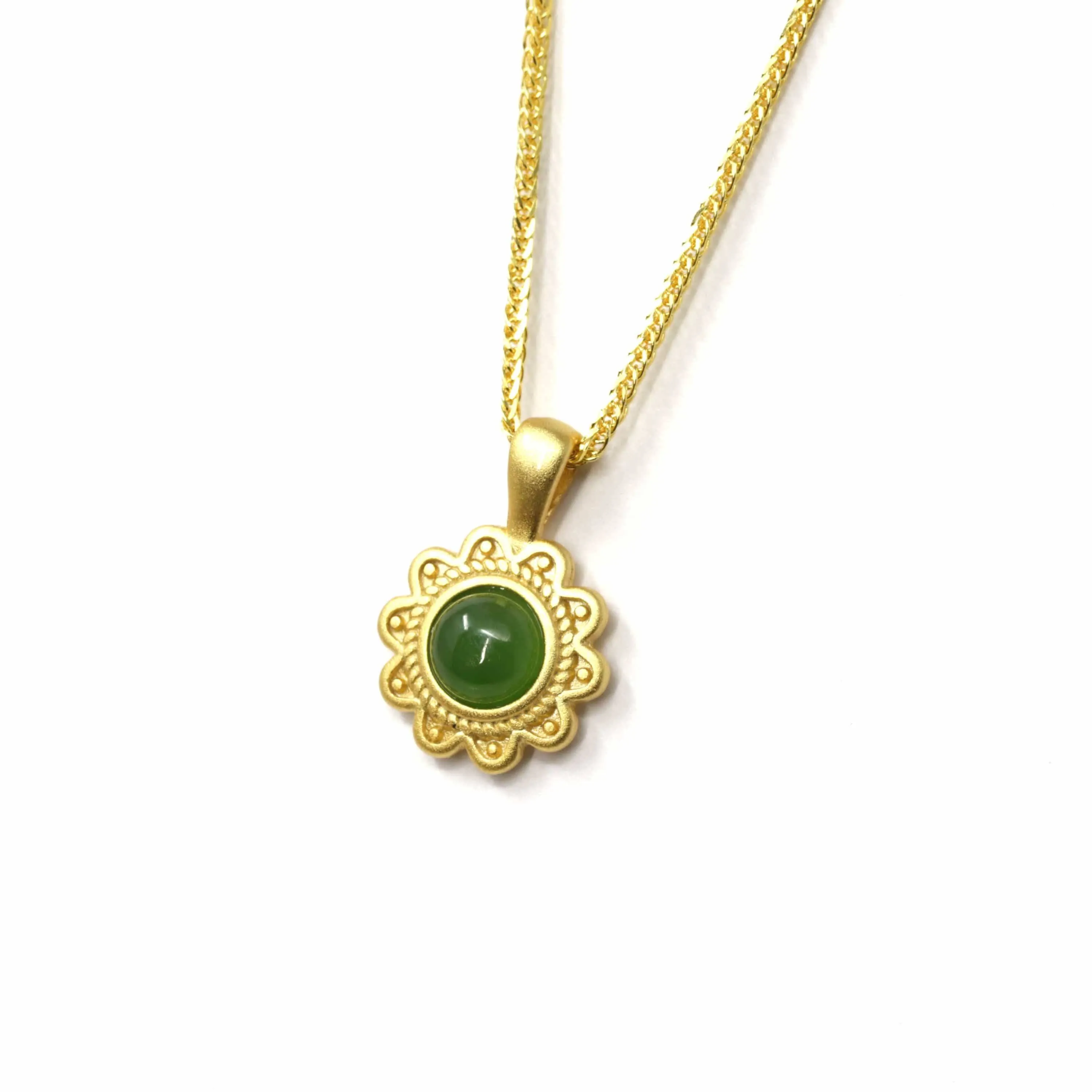 Baikalla™ "Sunflower" Sterling Silver Nephrite Green Jade Classic Sun Flower Pendant Necklace