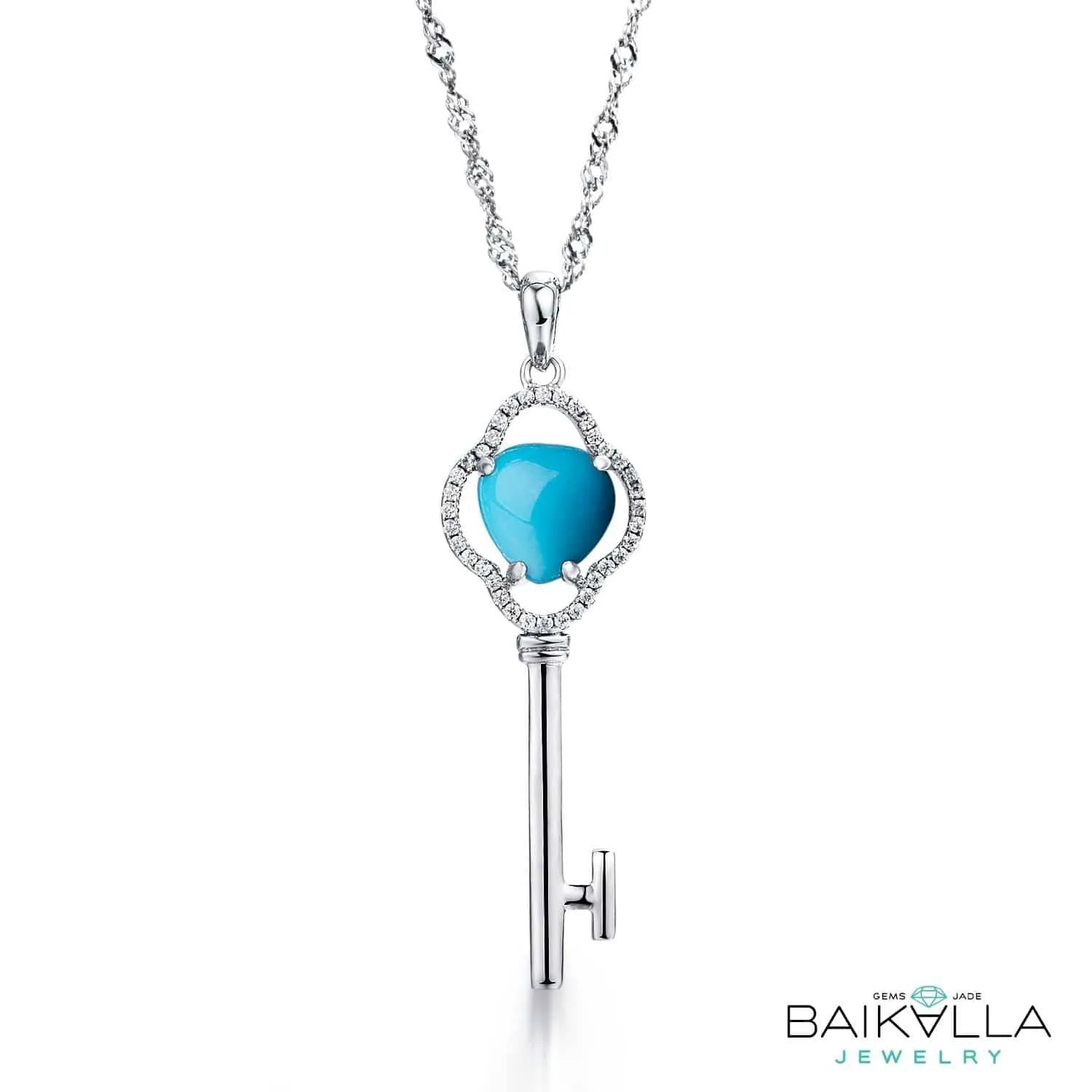 Baikalla™ "The key to my heart" Sterling Silver Genuine Persian Blue Arizona Turquoise Baikalla Key Pendant Necklace with CZ