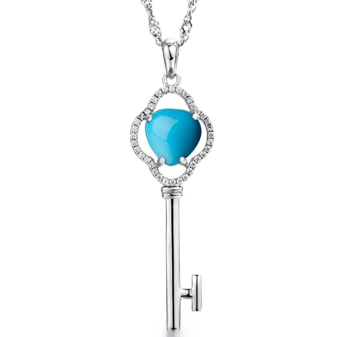 Baikalla™ "The key to my heart" Sterling Silver Genuine Persian Blue Arizona Turquoise Baikalla Key Pendant Necklace with CZ