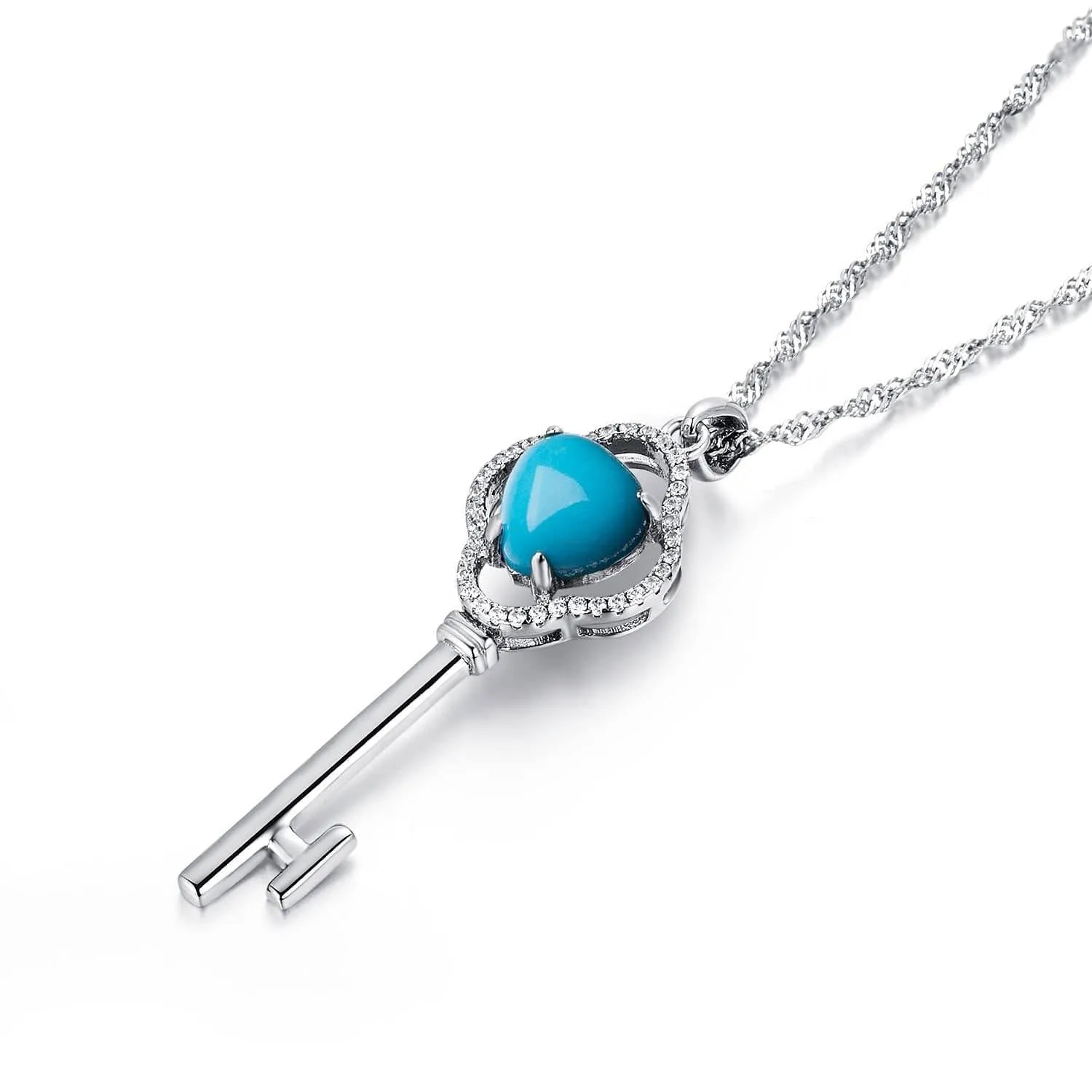 Baikalla™ "The key to my heart" Sterling Silver Genuine Persian Blue Arizona Turquoise Baikalla Key Pendant Necklace with CZ