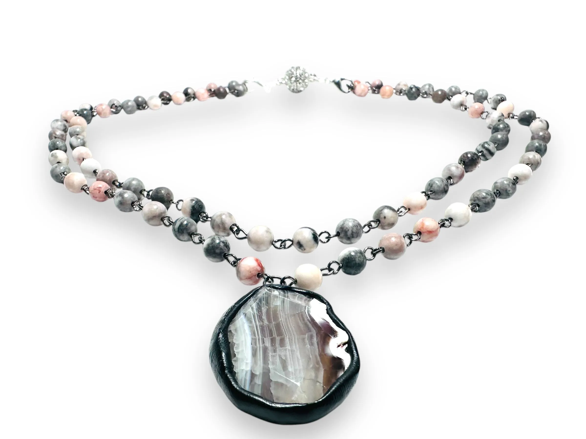 Beaded Adjustable Gemstone Necklace -Grey Pink Jade