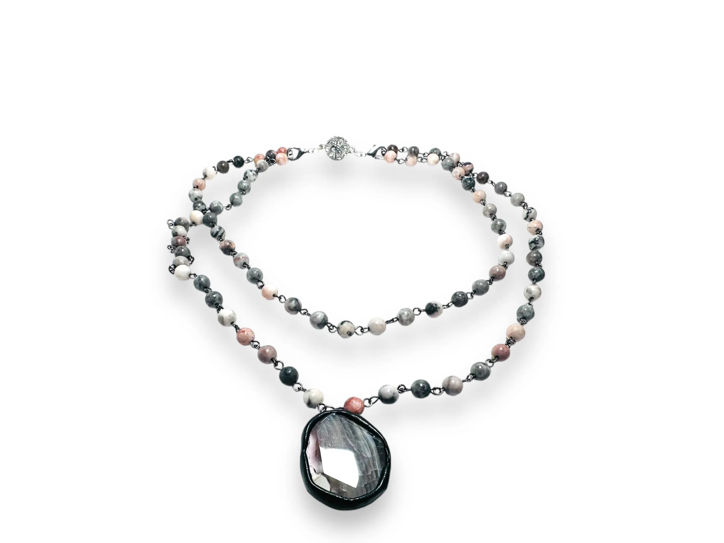 Beaded Adjustable Gemstone Necklace -Grey Pink Jade