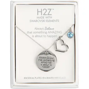 Believe Aquamarine Crystal 16.5"-20.5" Engraved Rhodium Plated Austrian Element Necklace