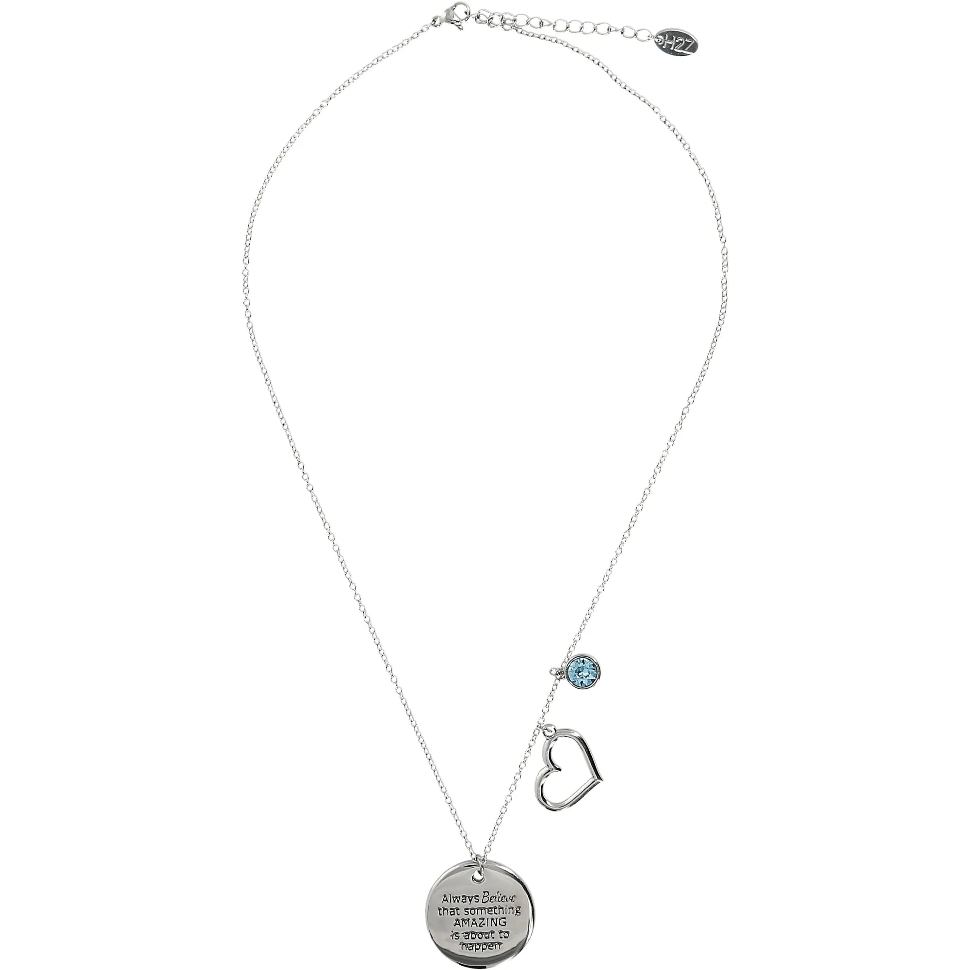 Believe Aquamarine Crystal 16.5"-20.5" Engraved Rhodium Plated Austrian Element Necklace