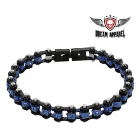 Black Chrome and Blue Squared Motorcycle Bracelet With Blue Gemstones