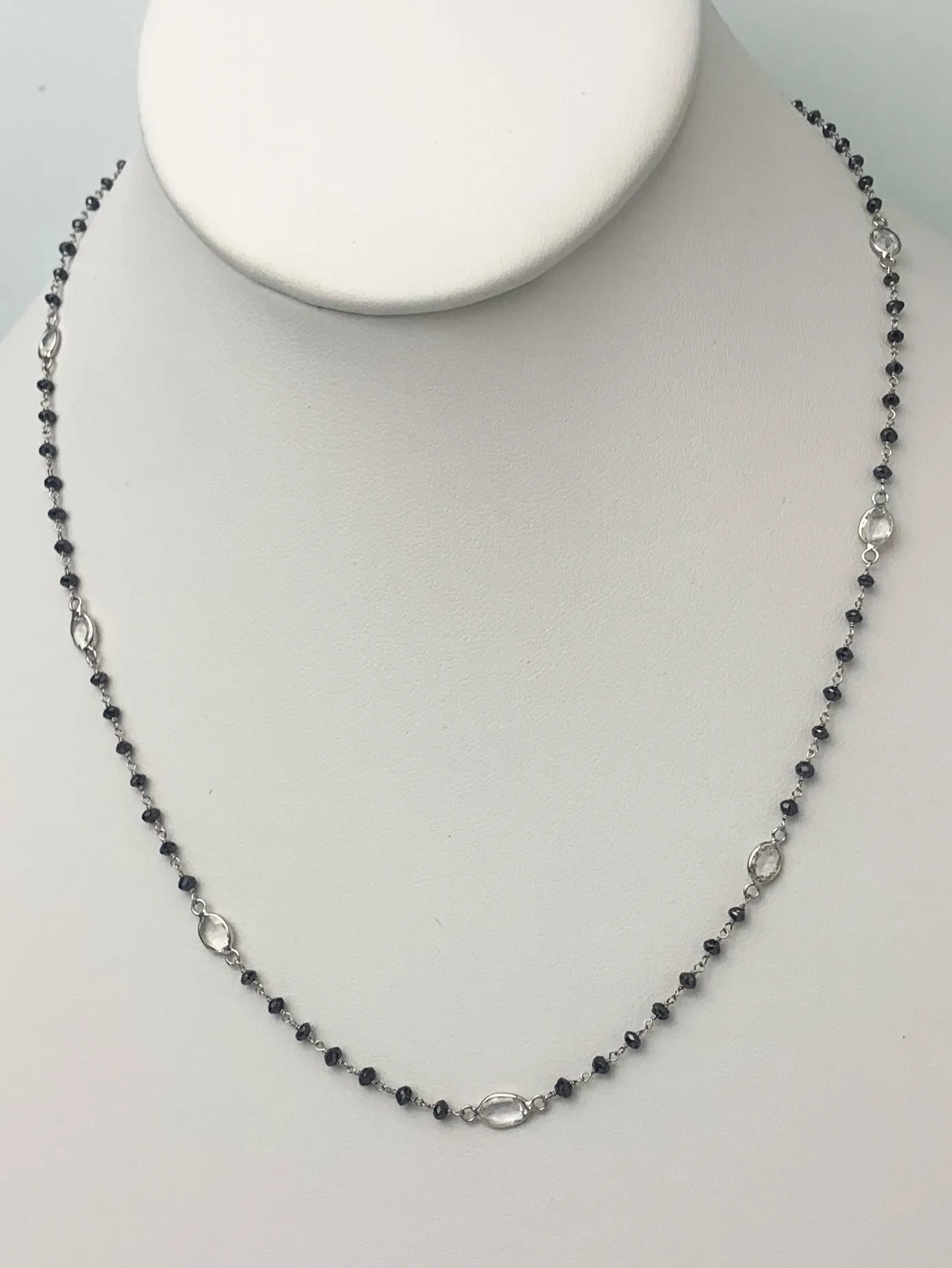 Black Diamond Rosary Necklace with White Sapphire Slice Stations in 14KW Gold