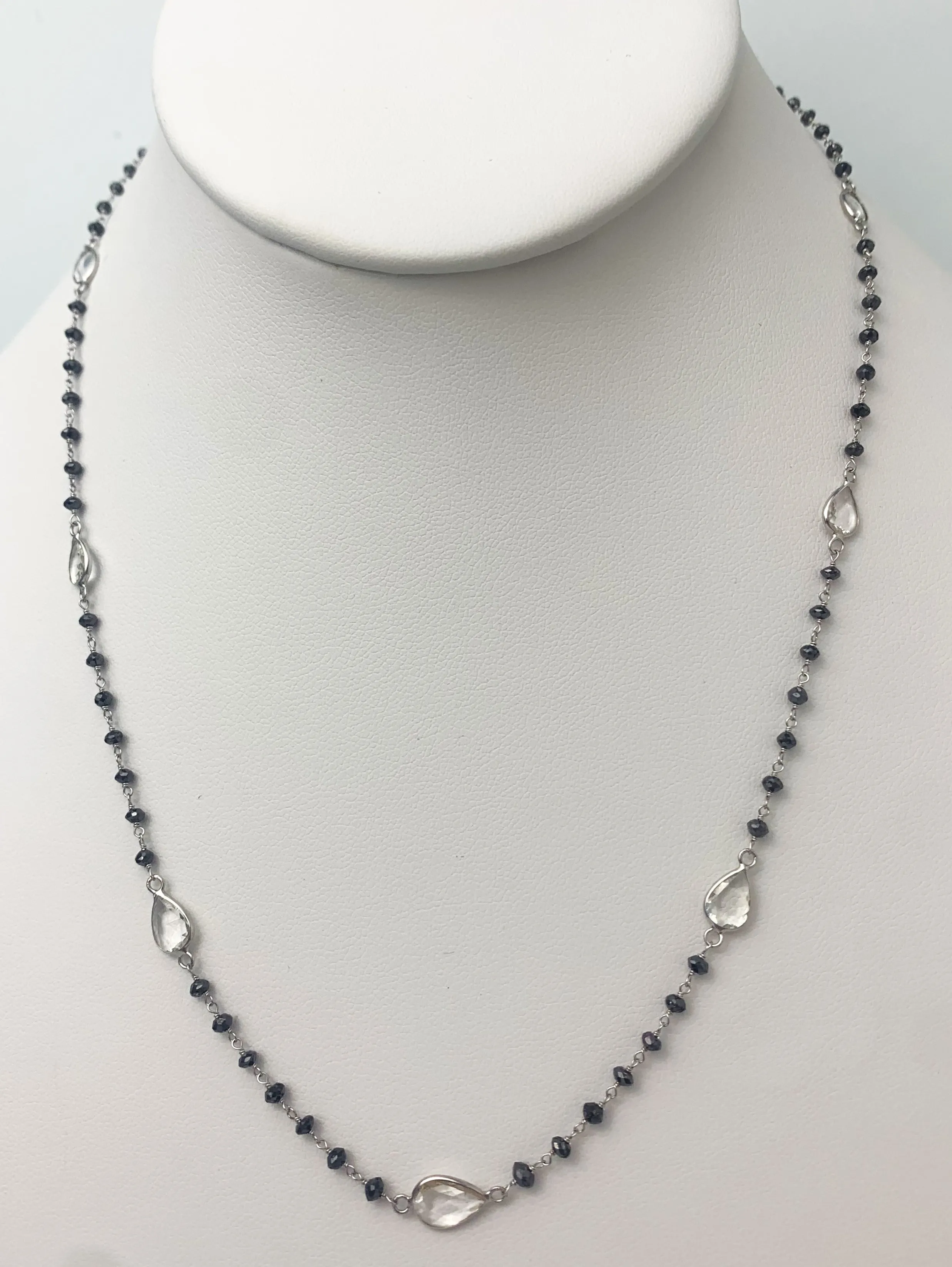 Black Diamond Rosary Necklace with White Sapphire Slice Stations in 14KW Gold