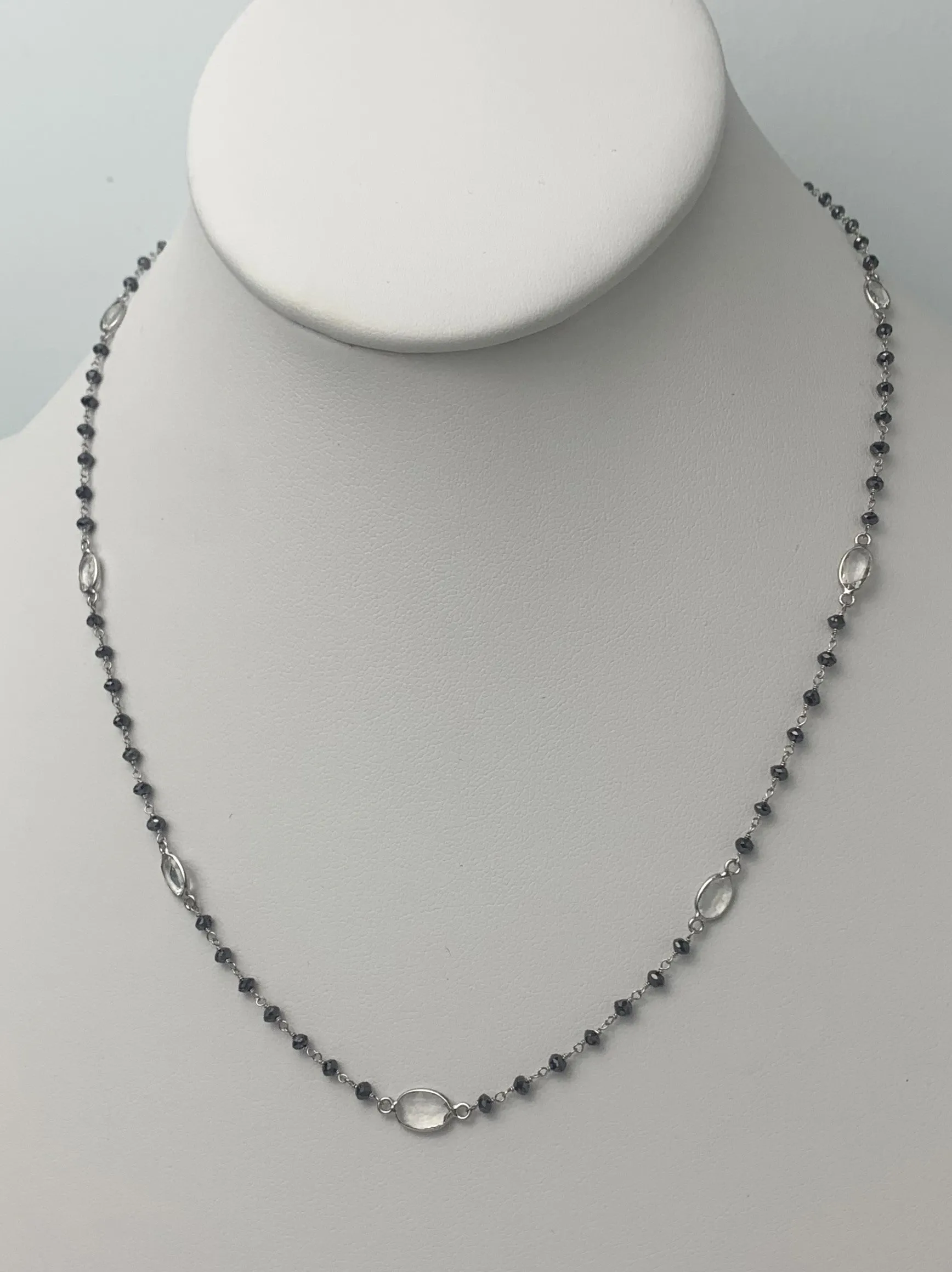 Black Diamond Rosary Necklace with White Sapphire Slice Stations in 14KW Gold