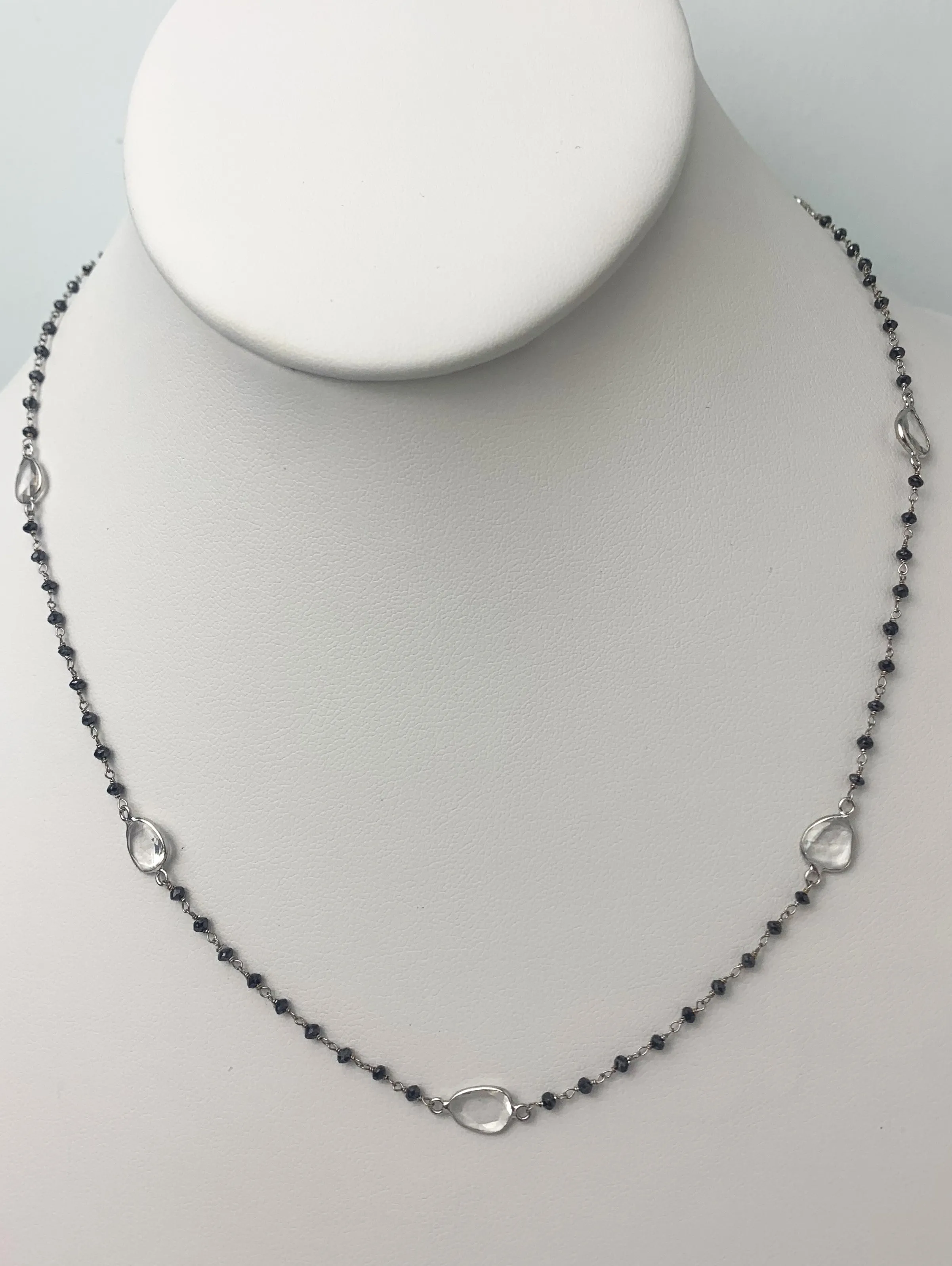 Black Diamond Rosary Necklace with White Sapphire Slice Stations in 14KW Gold