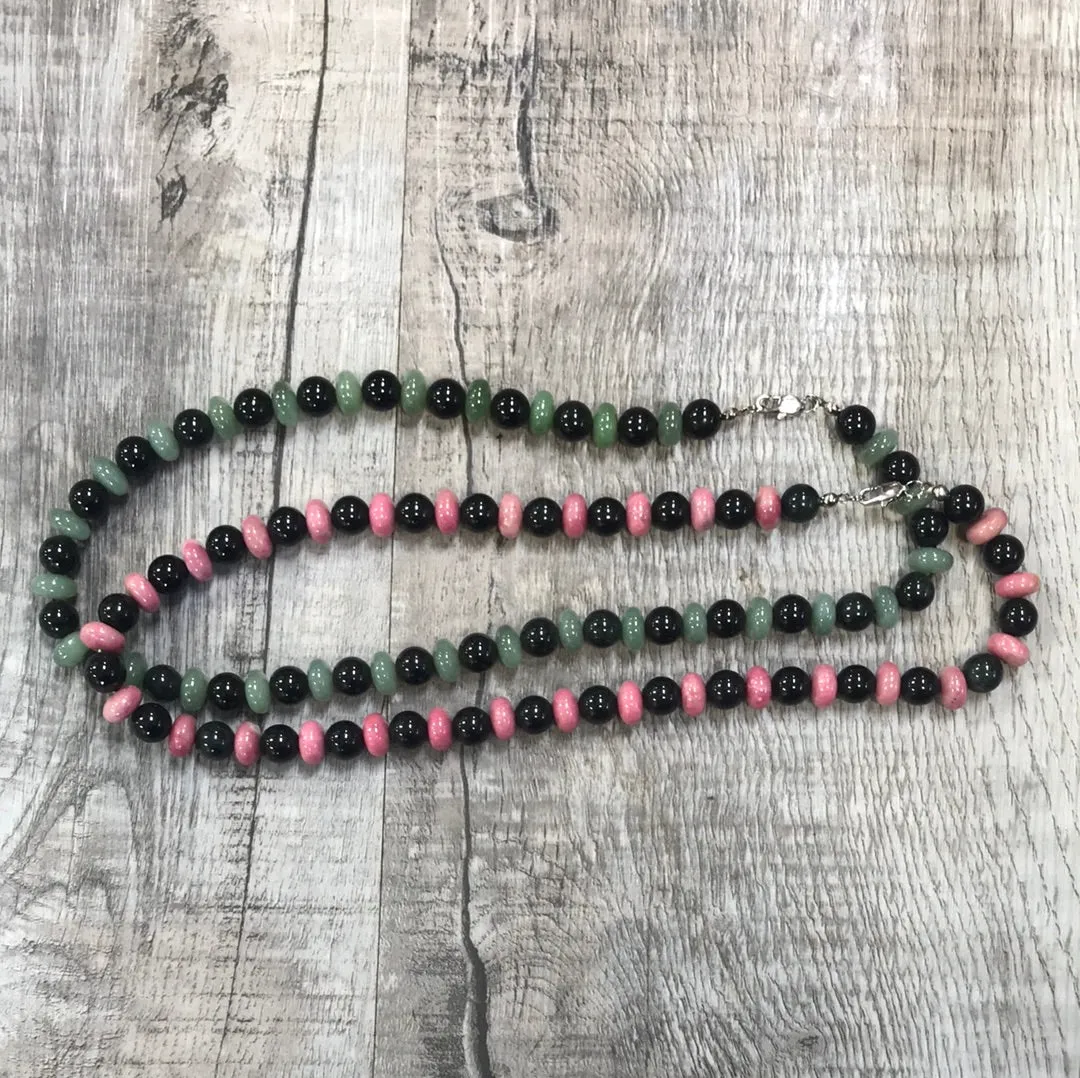 Black Jade and Rhodonite or Green Jade Necklace, 19 inches