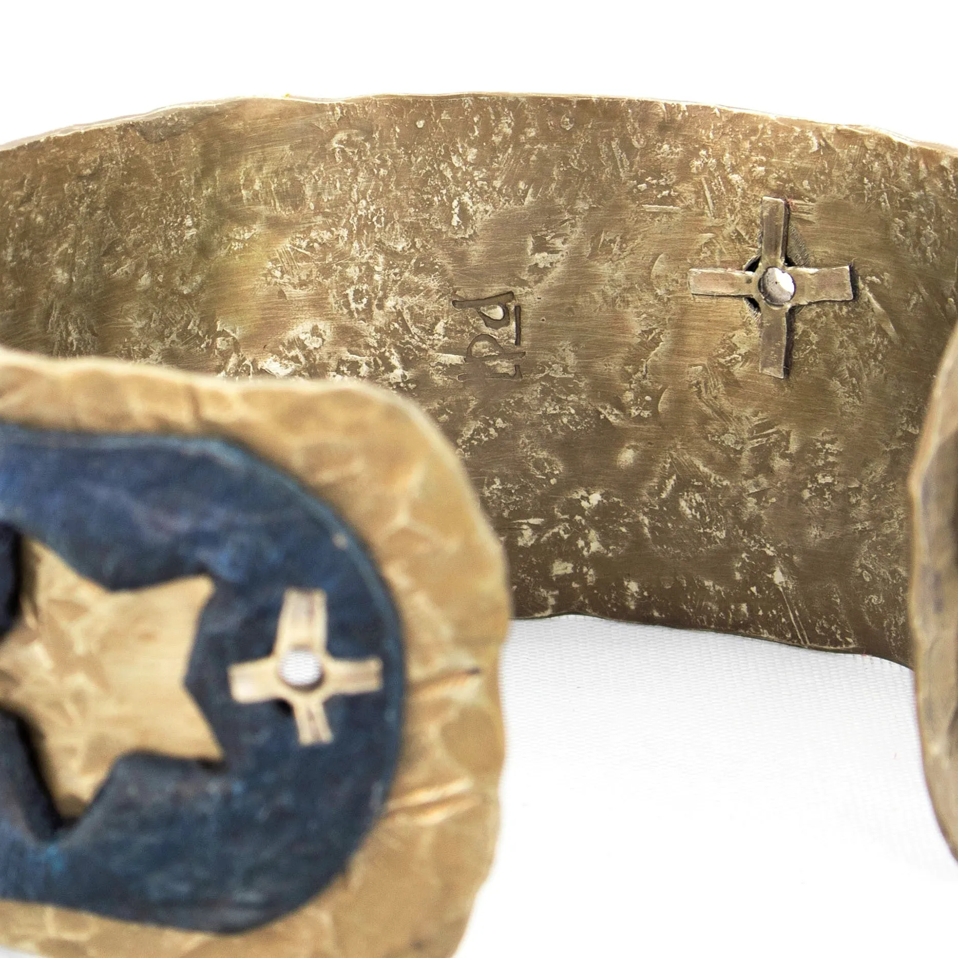 Blackened Silver Nickel and Vintage Cadet Blue Leather Cuff with Stars