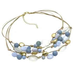 Blue Jade And White Matte Crystal With Matte Gold Bead Torsade Necklace