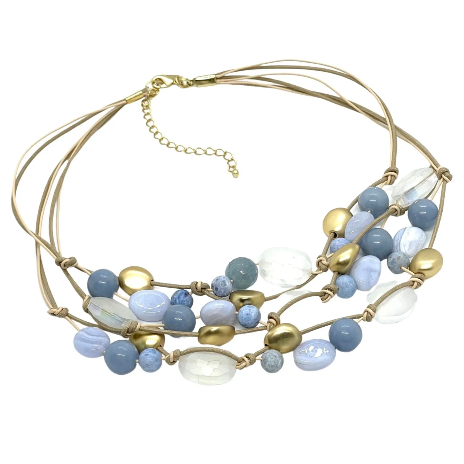 Blue Jade And White Matte Crystal With Matte Gold Bead Torsade Necklace