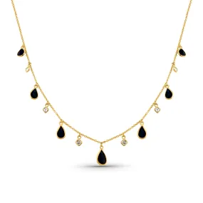 Blue Sapphire Pear Shape & Diamond Square Necklace In 18K Yellow Gold