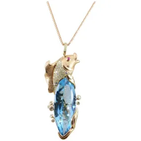 Blue Topaz Diamond Gold Koi Fish Pendant Necklace