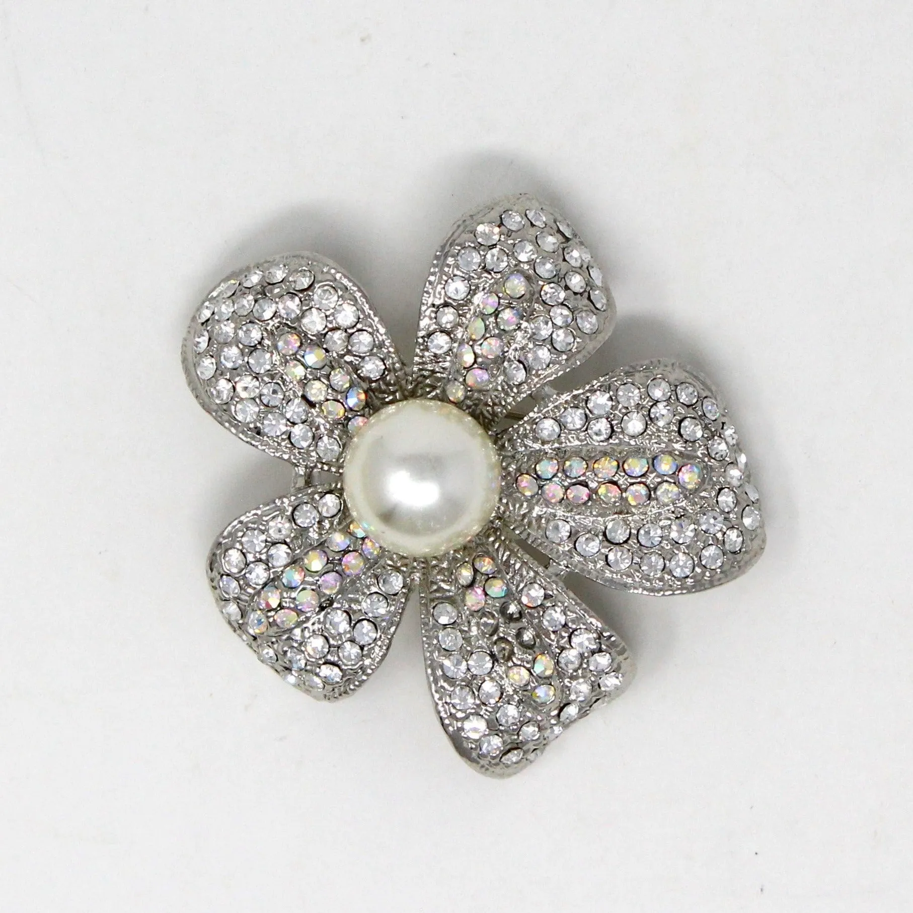 Brooch / Pin, Flower Rhinestone Petals with Large Pearl Center, Silver Tone