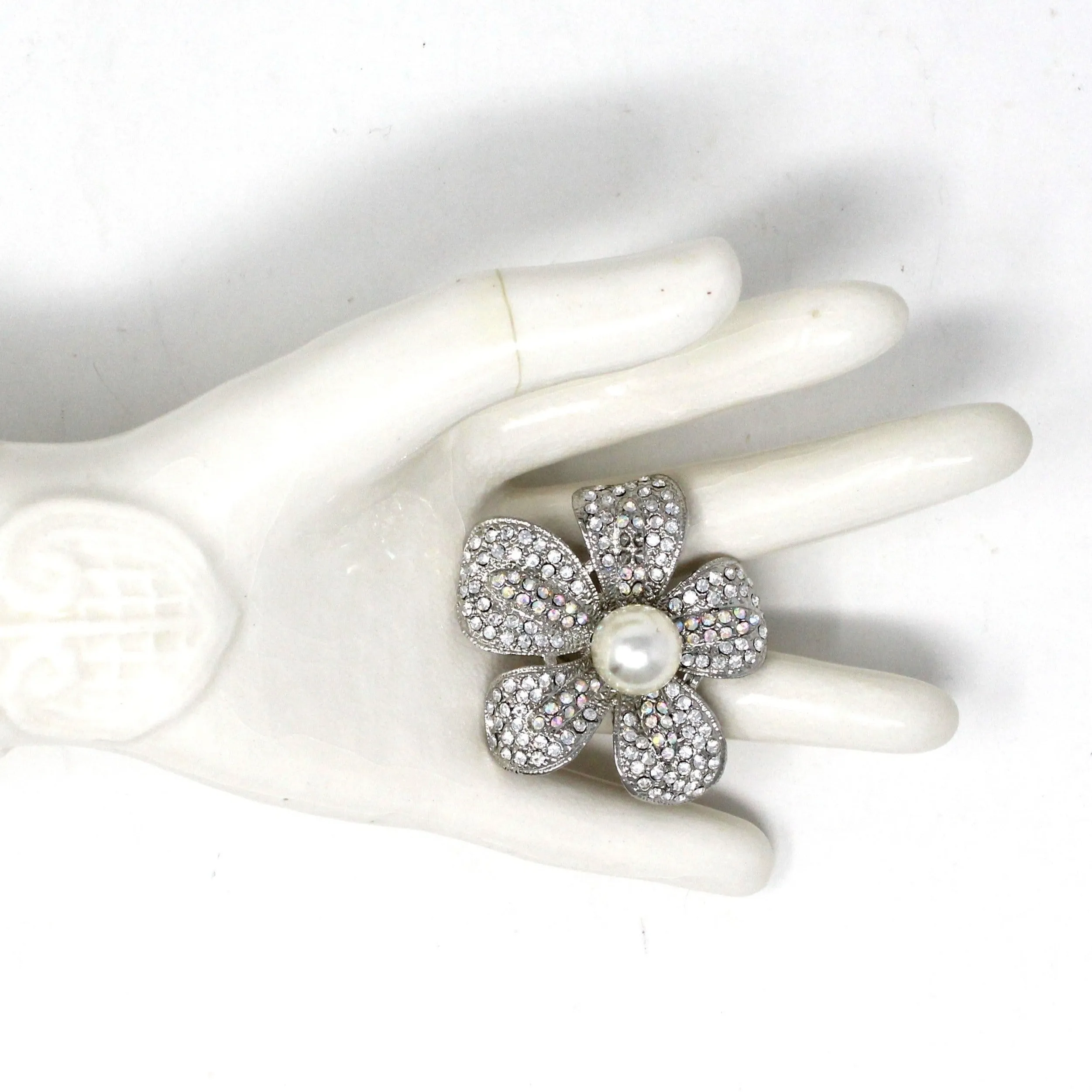 Brooch / Pin, Flower Rhinestone Petals with Large Pearl Center, Silver Tone