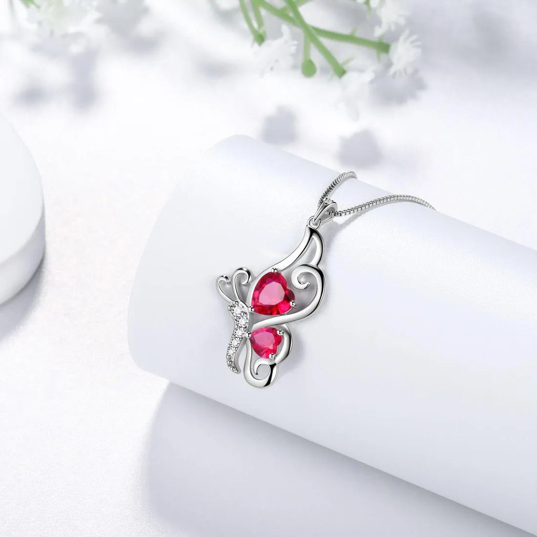 Butterfly Birthstone July Ruby Necklace Women Girls Jewelry Birthday Gift Sterling Silver