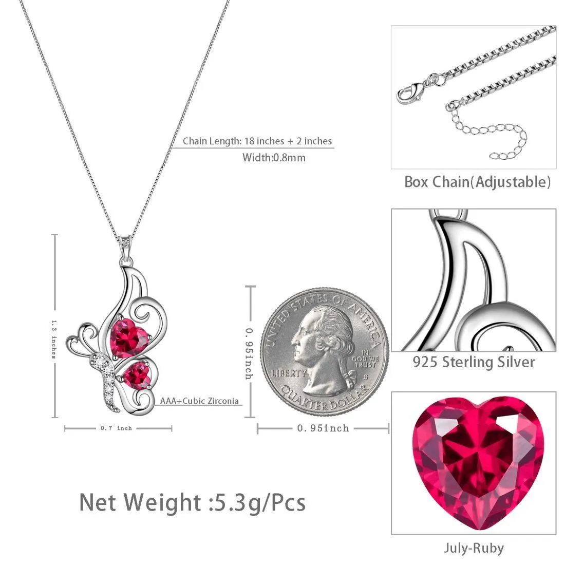 Butterfly Birthstone July Ruby Necklace Women Girls Jewelry Birthday Gift Sterling Silver