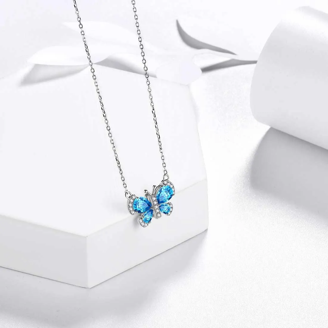 Butterfly Necklace Birthstone March Aquamarine Pendant Women Girls Jewelry Birthday Gift