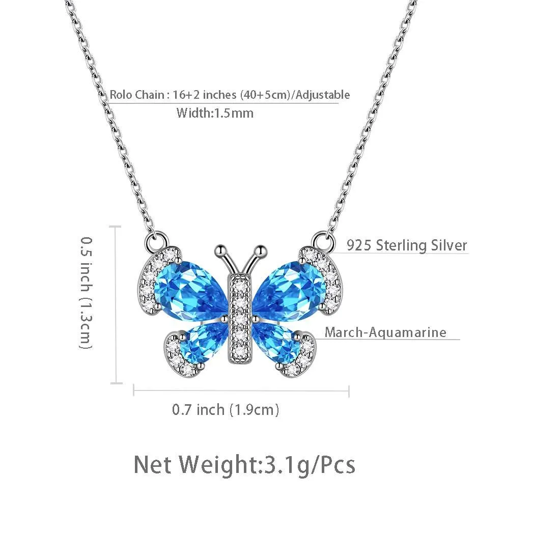 Butterfly Necklace Birthstone March Aquamarine Pendant Women Girls Jewelry Birthday Gift