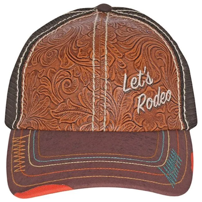 Catchfly Ladies Let’s Rodeo Brown Tooled Leather Ponytail Baseball Cap  23002HB13