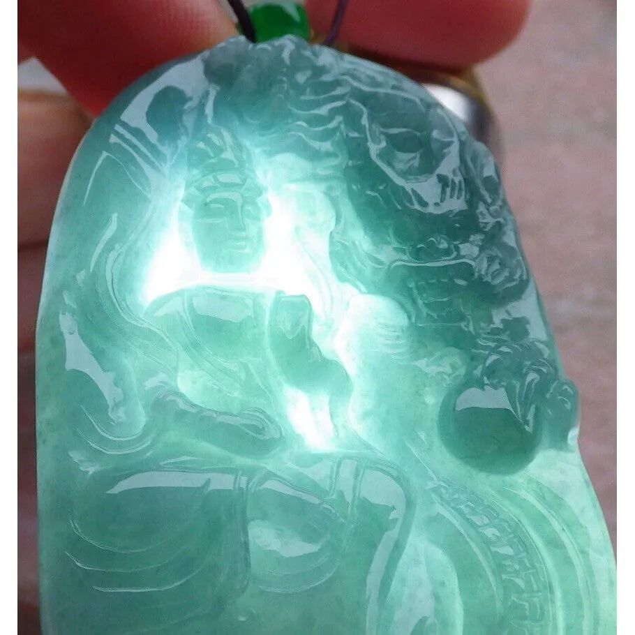 Certified Green Burma Natural A Jade Jadeite Pendant Dragon Guanyin Necklace