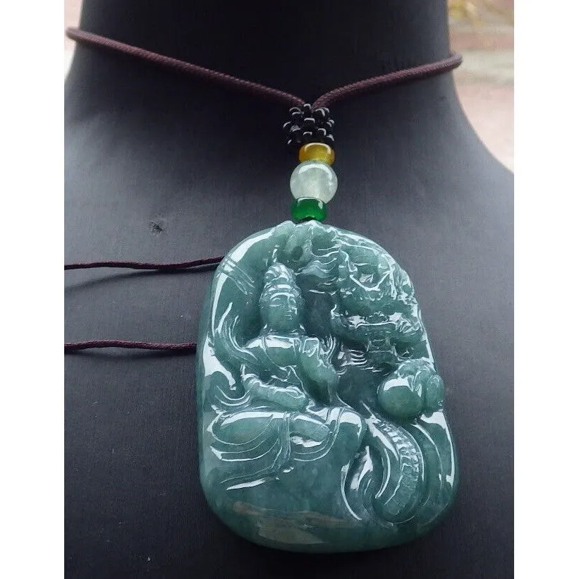 Certified Green Burma Natural A Jade Jadeite Pendant Dragon Guanyin Necklace