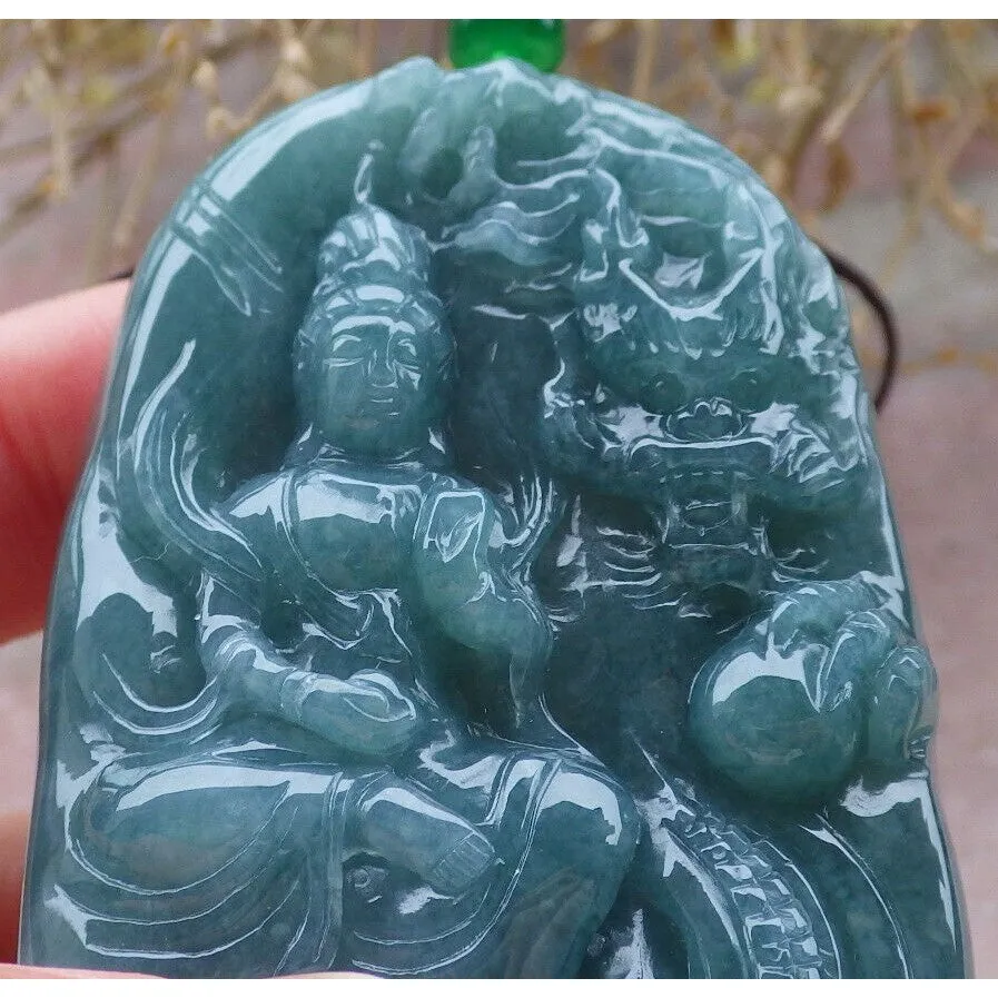 Certified Green Burma Natural A Jade Jadeite Pendant Dragon Guanyin Necklace