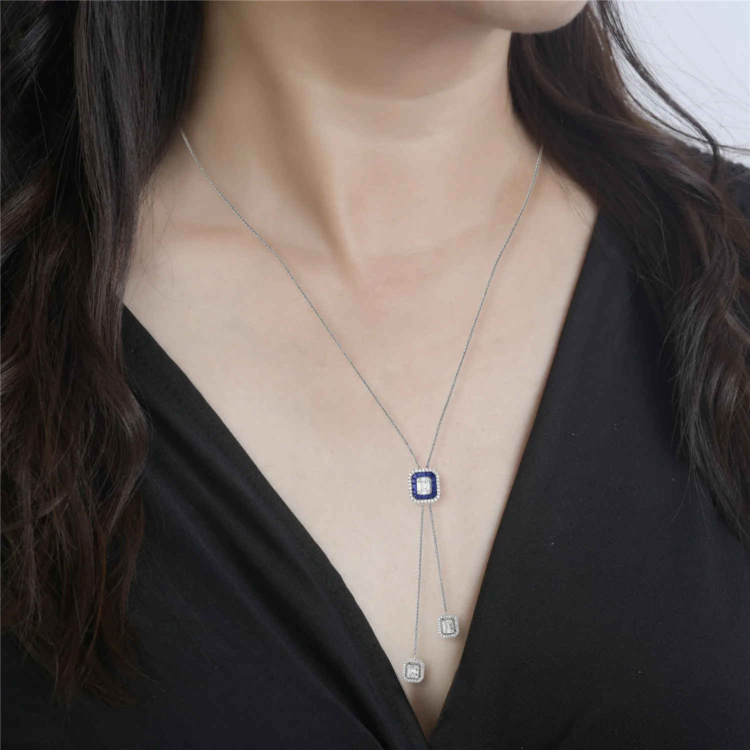 Channel Set Sapphire Diamond Octagon Designer Necklace In 18k White Gold