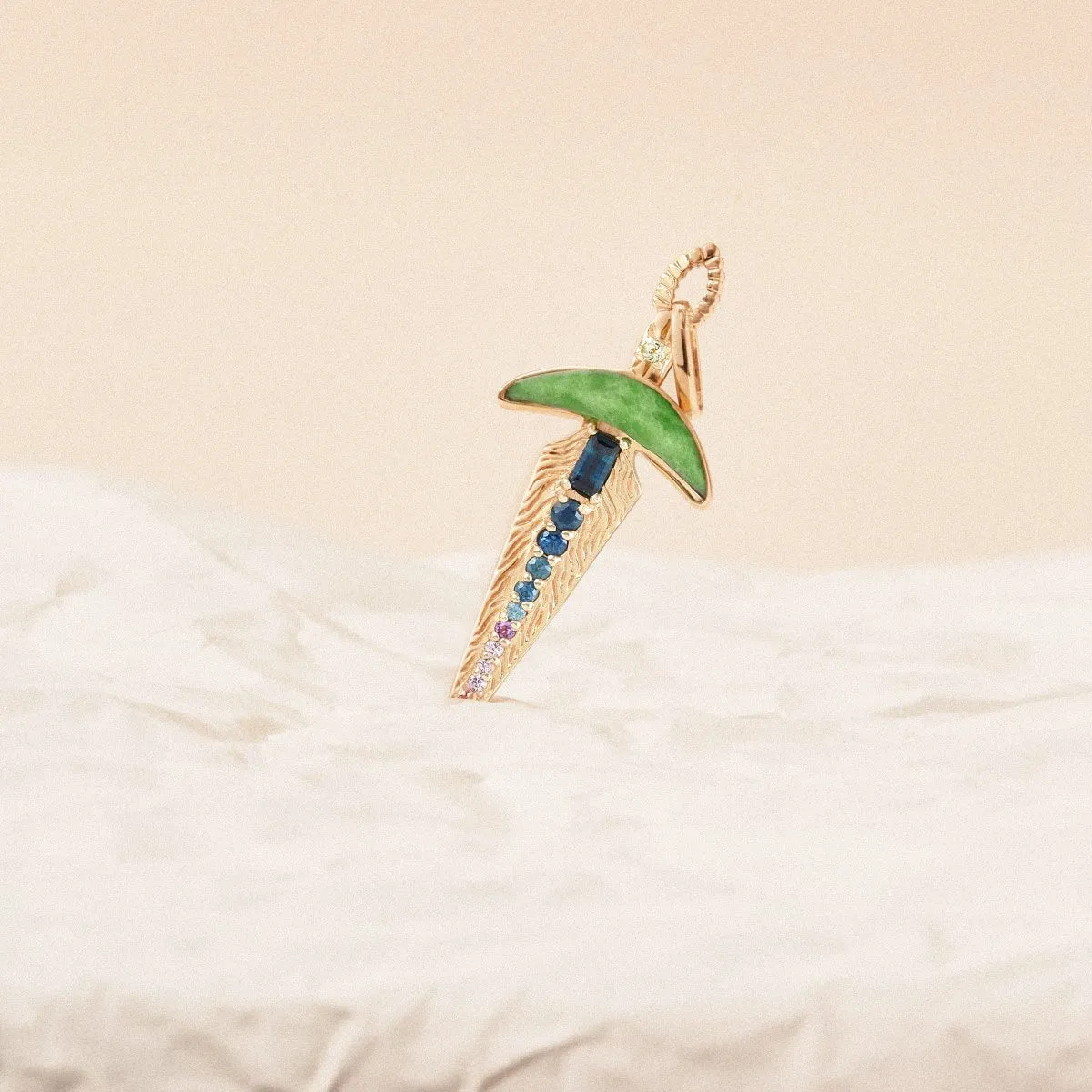 chrysoprase dagger charm - 10k yellow gold, natural gemstones