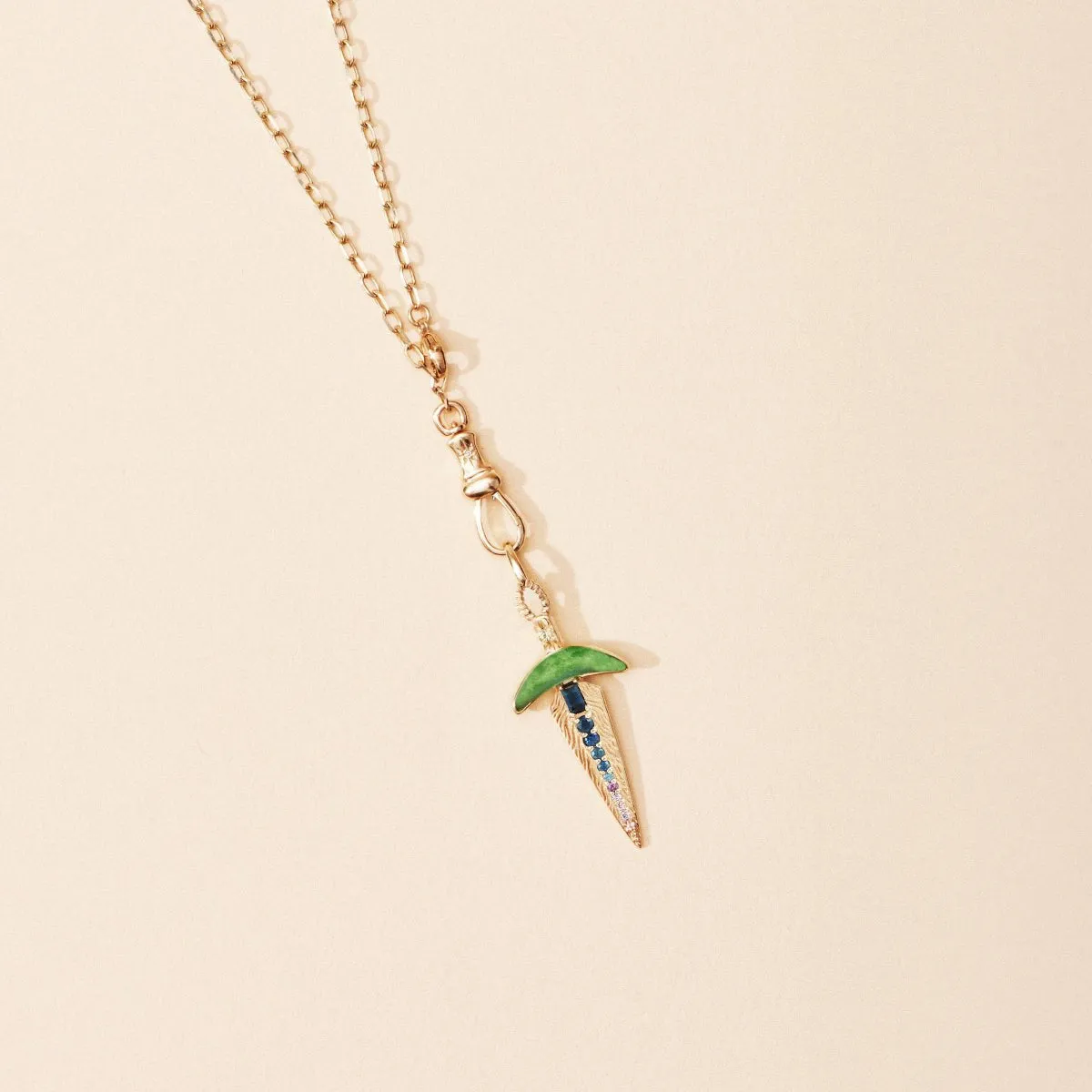 chrysoprase dagger charm - 10k yellow gold, natural gemstones