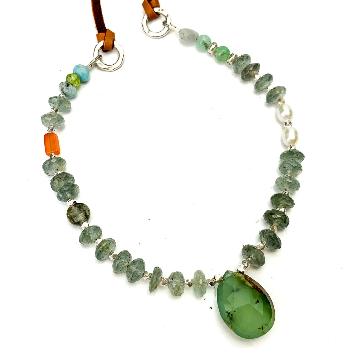 Chrysoprase, Moss Aquamarine, Freshwater Pearls, Labradorite, Larimar, Carnelian Necklace #6