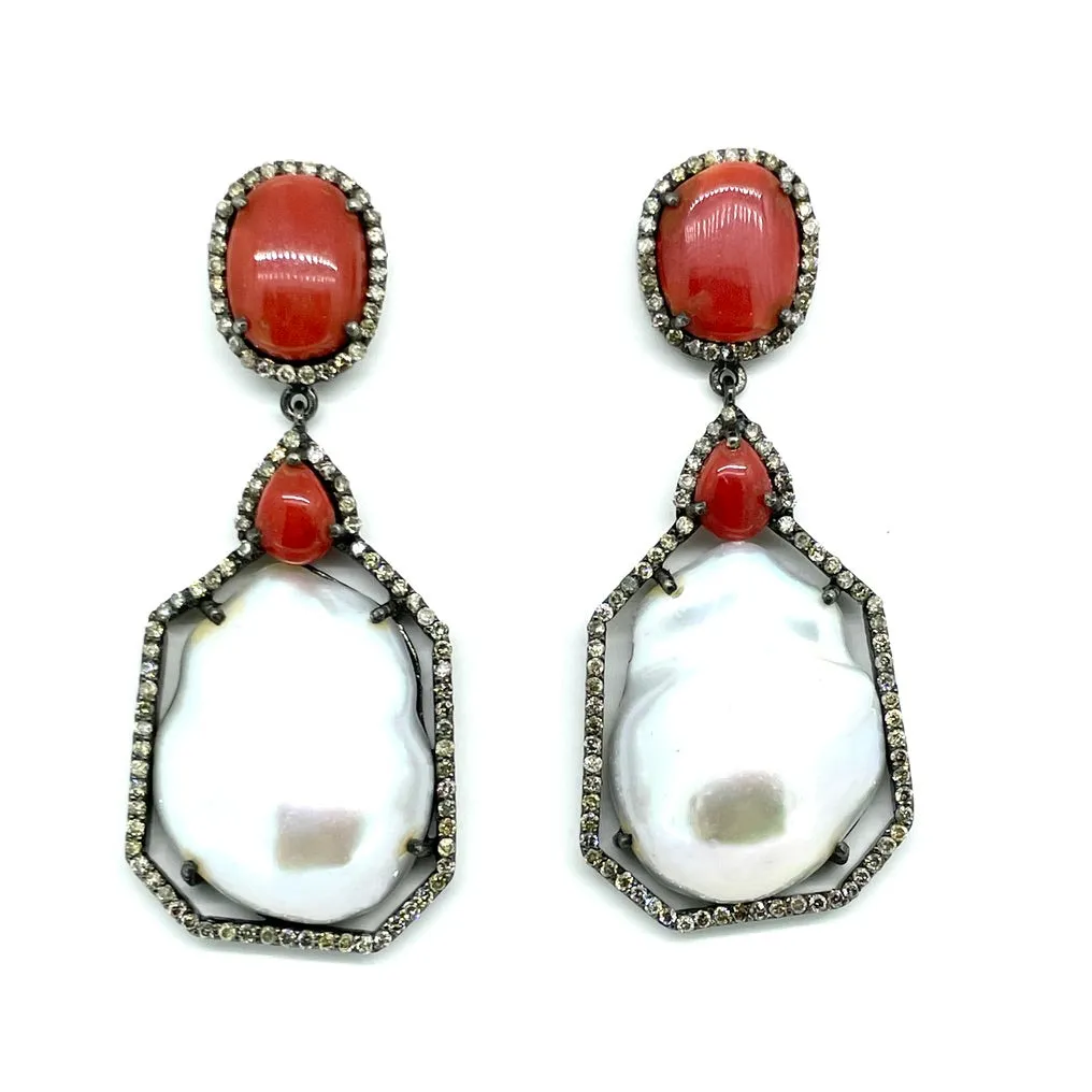 Coral, Diamond Earrings with Baroque Pearls