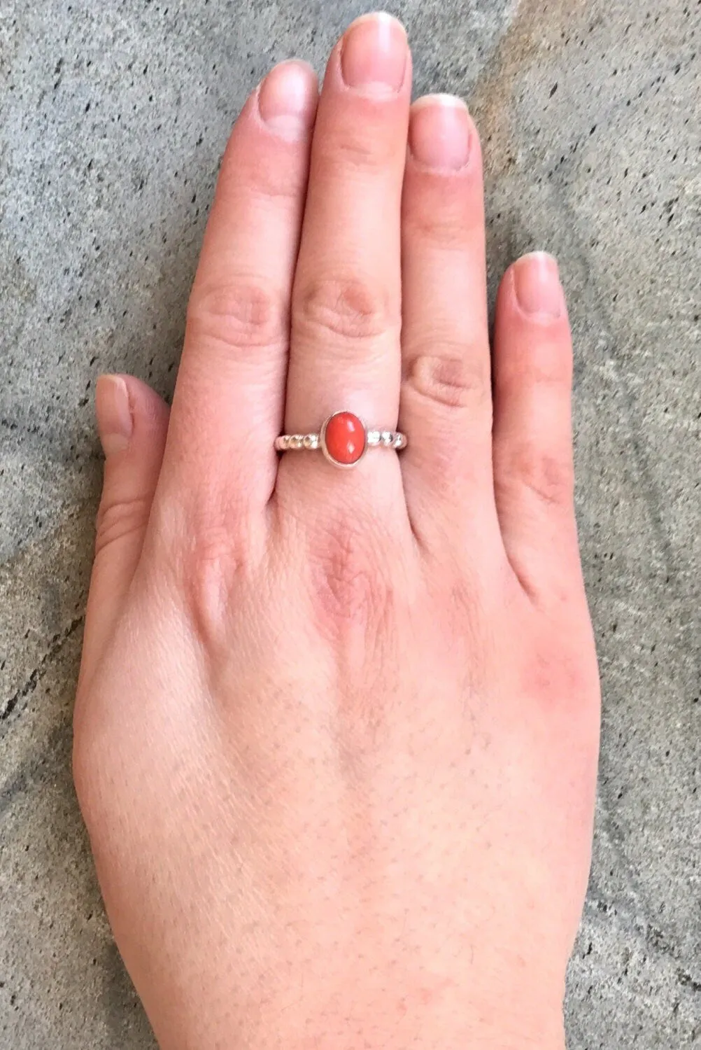 Coral Ring - Red Oval Ring - Bezel Solitaire Ring