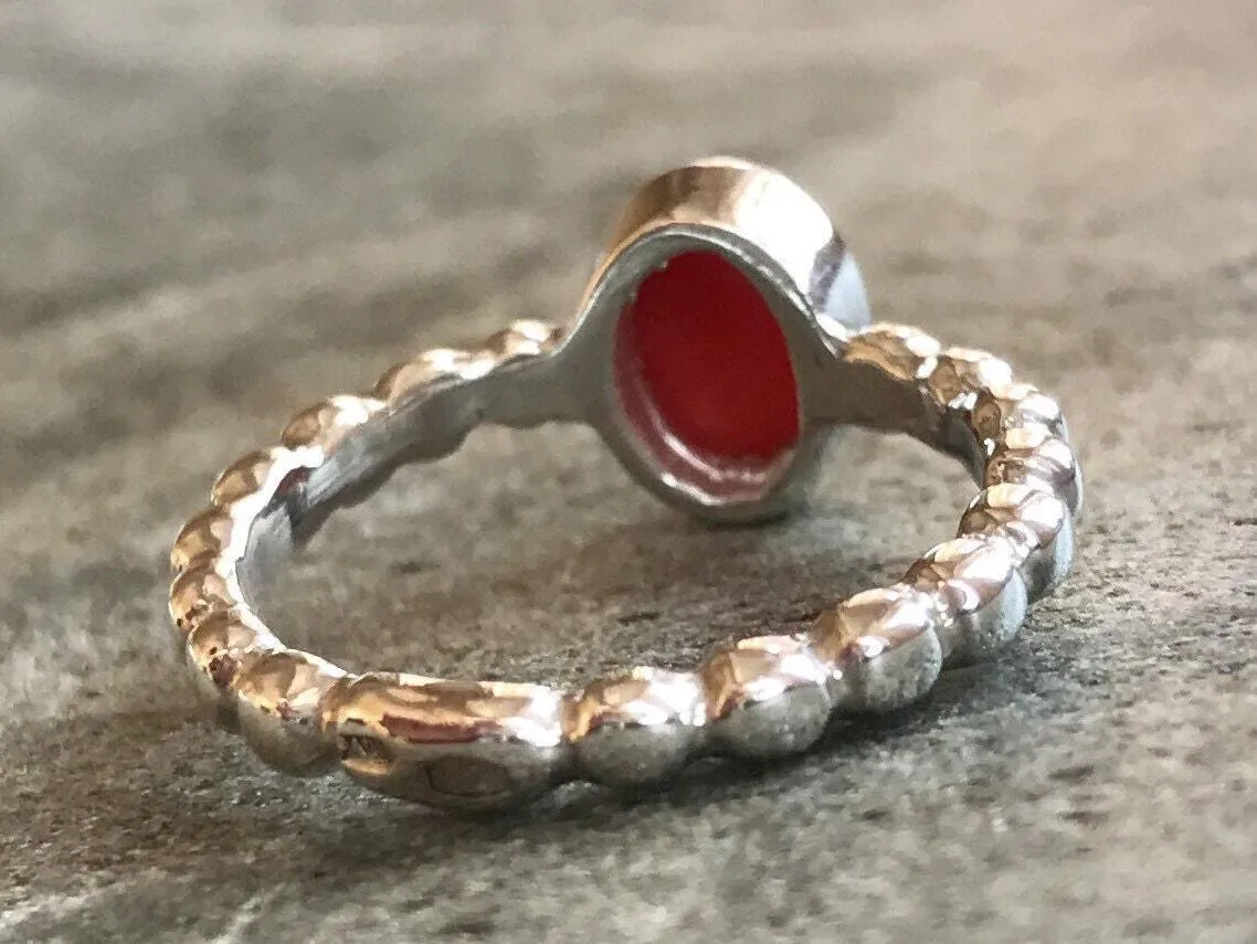 Coral Ring - Red Oval Ring - Bezel Solitaire Ring