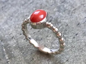 Coral Ring - Red Oval Ring - Bezel Solitaire Ring