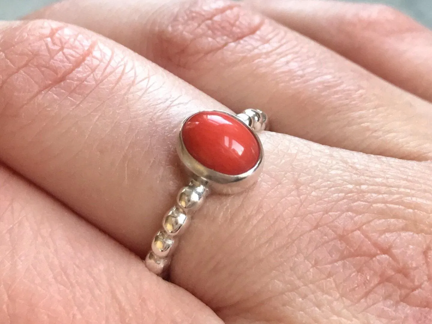 Coral Ring - Red Oval Ring - Bezel Solitaire Ring