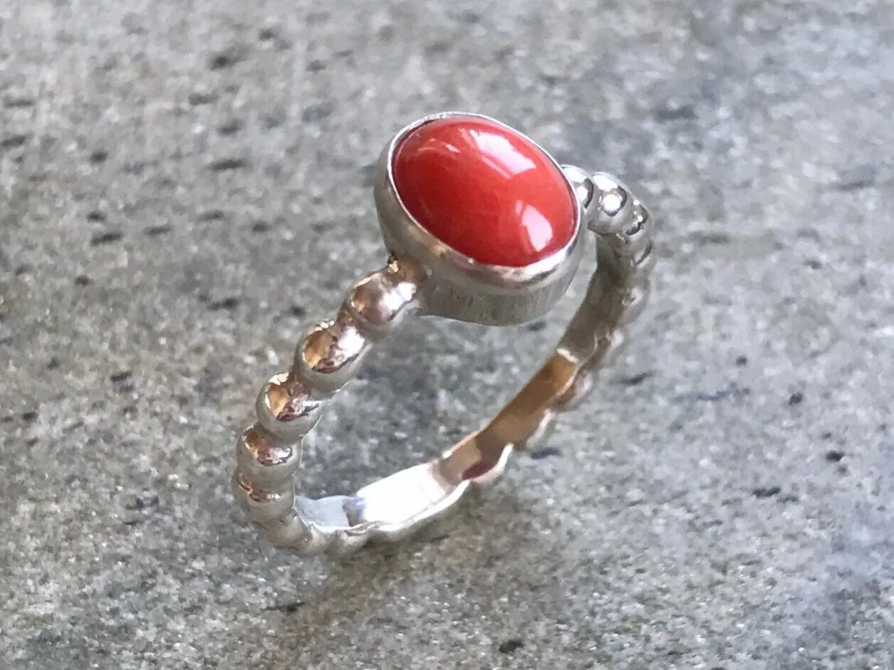 Coral Ring - Red Oval Ring - Bezel Solitaire Ring