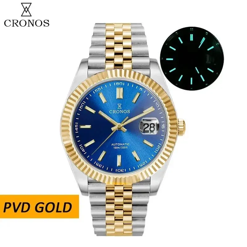 Cronos Date Luxury Men Watch Stainless Steel 5 Links Bracelet Copper-Nickel Plated Bezel 100m Water Resistant Sapphire L6010M