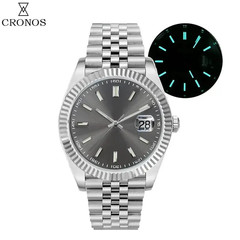 Cronos Date Luxury Men Watch Stainless Steel 5 Links Bracelet Copper-Nickel Plated Bezel 100m Water Resistant Sapphire L6010M