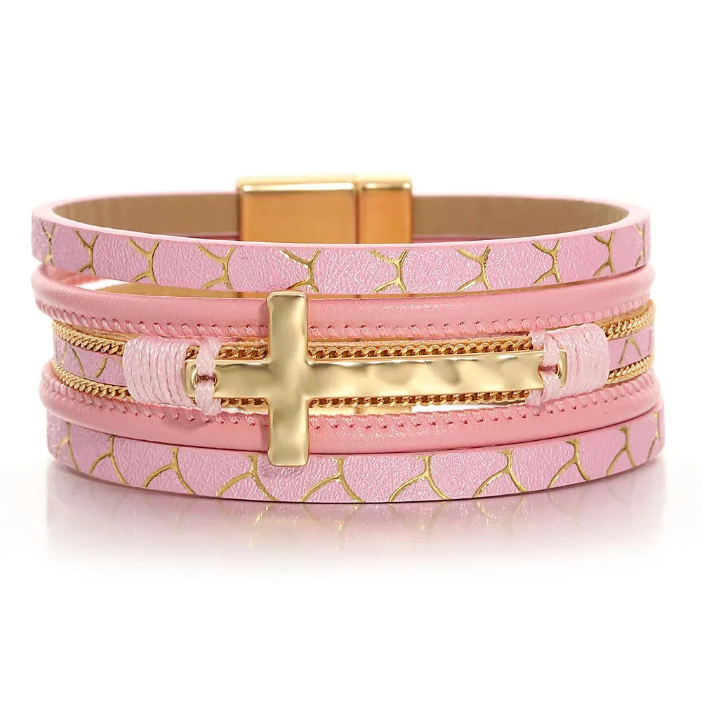 'Cross' Charm Cuff Bracelet - pink