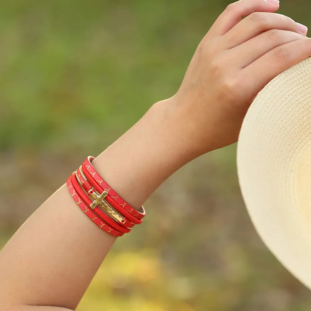 'Cross' Charm Cuff Bracelet - pink