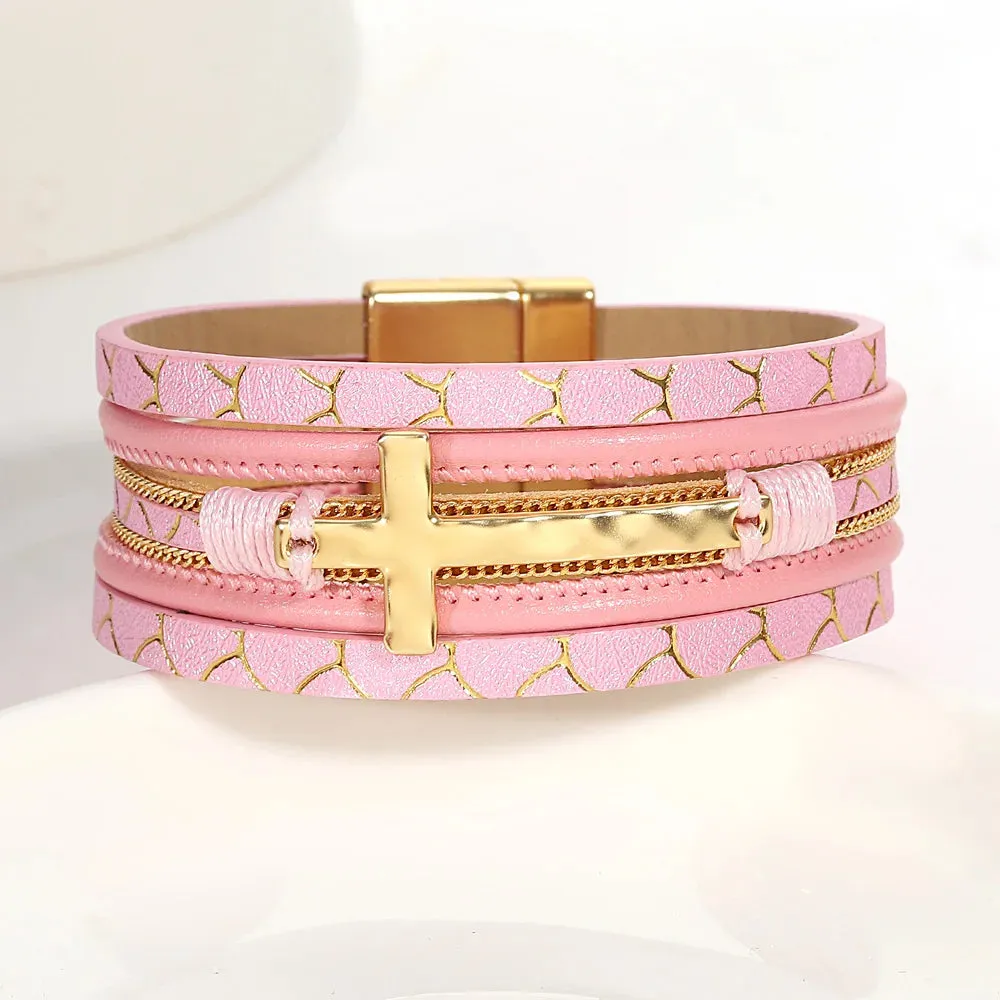 'Cross' Charm Cuff Bracelet - pink